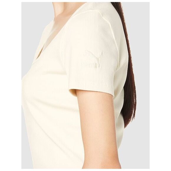 PUMA Womens Ivory Ribbed Short Sleeve Square Neck Crop Top XL - Picture 3 of 4